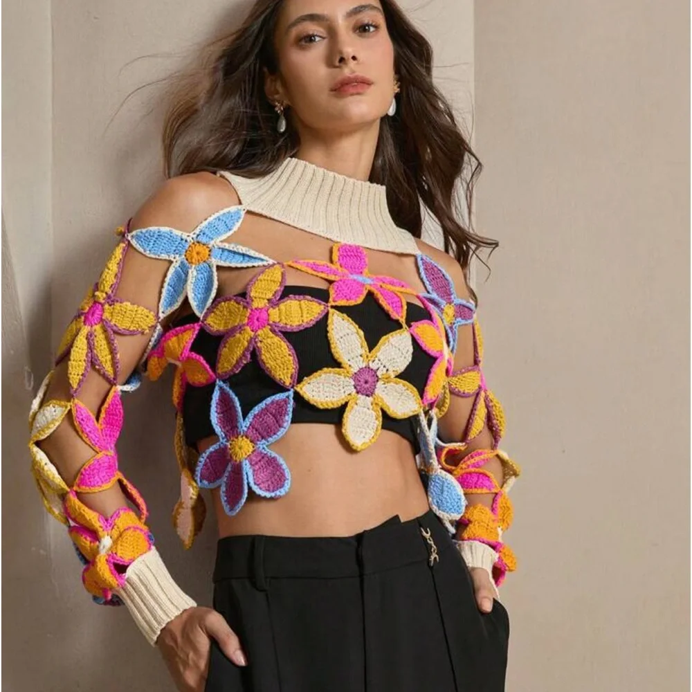Floral crochet knit sweater mock turtleneck neck rainbow multicolor cropped NWT - Picture 2 of 6